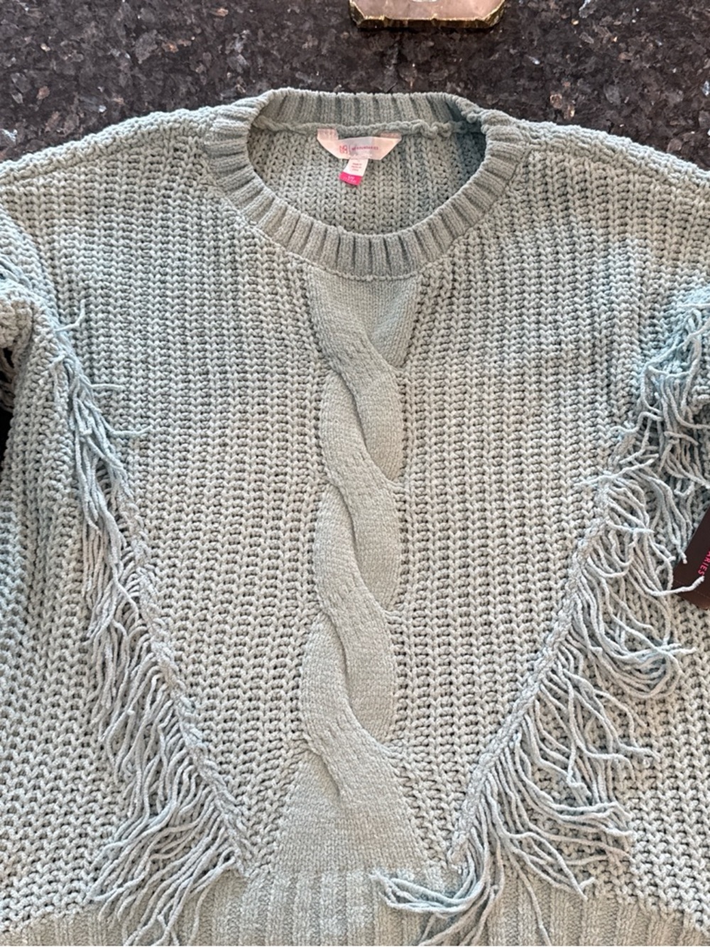 No Boundaries Fringe Cable Crewneck Sweater - Sage Green